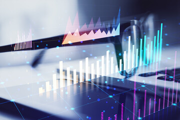 Poster - Double exposure of financial graphs and charts on virtual screen with blurred background.