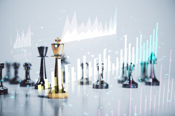 Poster - Chess king and pieces with digital financial graphs on blurred background.