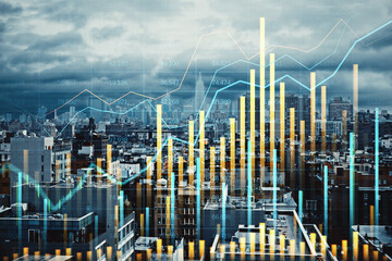 Poster - Double exposure of financial graphs and cityscape reflecting business growth and market trends.