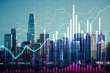 Poster - Financial graph overlay on city skyscrapers background depicting market data and economic trends.