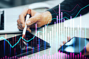 Poster - Analyzing Financial Data on Tablet with Overlayed Graphs and Charts.