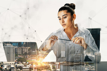 Aufkleber - Businesswoman working with technology overlay and cityscape background.