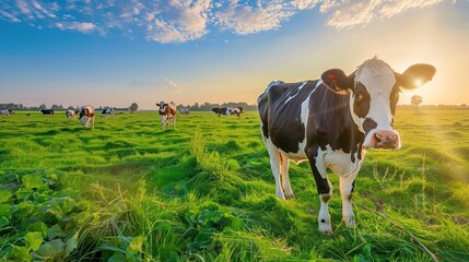 Sticker - Cow in a Green Field at Sunset