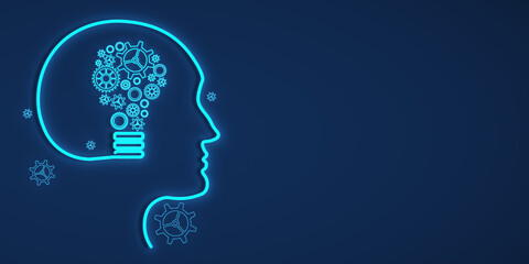 Poster - Human head with gear and cog, lightbulb shape on dark blue background. 3D Rendering
