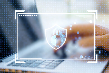 Aufkleber - Digital lock and shield icon overlayed on a blurred laptop background, symbolizing cybersecurity and data protection.