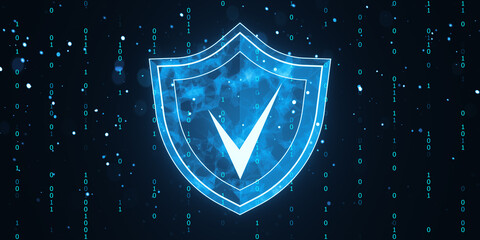Aufkleber - Digital shield icon with check mark on binary code background. 3D Rendering