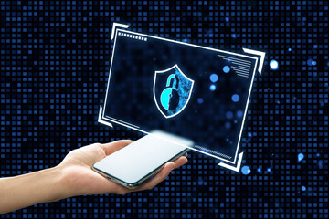 Aufkleber - Smartphone displaying a digital shield and padlock icon on a holographic screen.