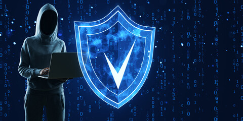 Aufkleber - Hooded figure with laptop and digital shield icon on binary code background.
