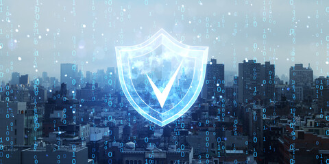 Aufkleber - Cybersecurity concept with neon shield and checkmark icon overlaying cityscape background.