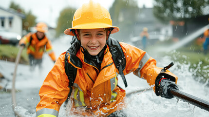 Sticker - Young Boy Playing Firefighter in Raincoat Pretends to Extinguish Fires