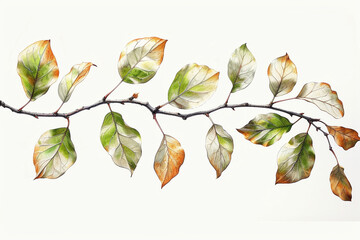 There are leaves on a branch with a white background