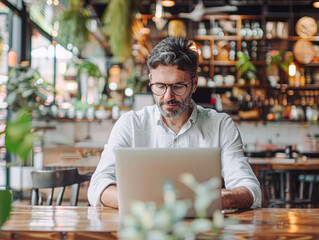 Sticker - Modern Job Search Businessperson Applying for Job on Laptop at Cafe