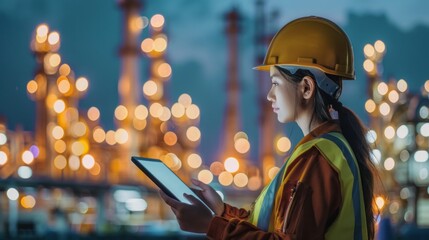 Poster - A woman wearing a yellow helmet and safety vest is looking at a tablet