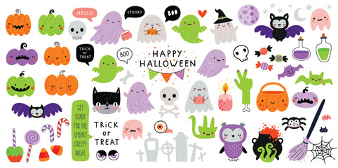 Canvas Print - Halloween graphic elements - pumpkins, ghosts, zombie, owl, cat, candy and others. Hand drawn set. Vector illustration.