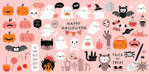 Canvas Print - Halloween graphic elements - pumpkins, ghosts, zombie, owl, cat, candy and others. Hand drawn set. Vector illustration.