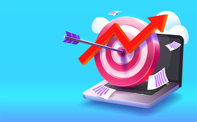 Target laptop finance landing page, banner business 3d icon. Vector illustration
