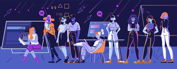 Poster - diverse group of young people collaborating in a tech workspace with computers and abstract elements