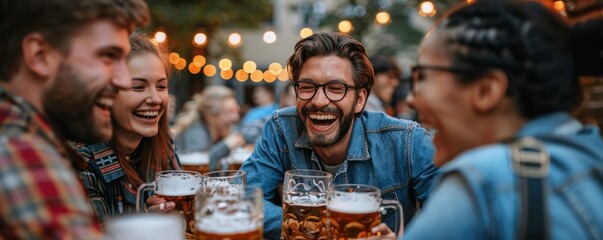 Friends laughing and enjoying each other's company over Bavarian beers at Oktoberfest.