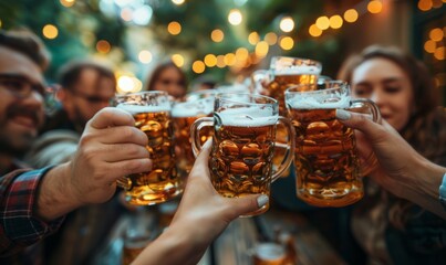 Group of friends raising their beer mugs in a toast at the Oktoberfest festival.