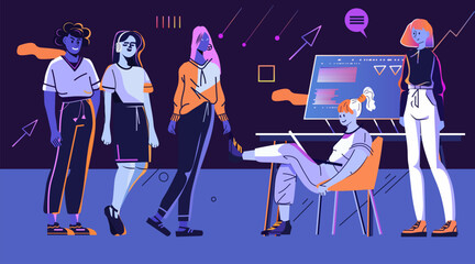 Poster - team of diverse young professionals in casual attire collaborating in a modern office with digital i