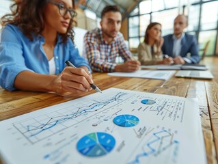 Wall Mural - A diverse group of professionals engaged in a collaborative meeting, discussing charts and graphs.