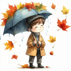 Canvas Print - Cute cartoon person with umbrella on white background. AI 