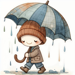 Sticker - Cute cartoon person with umbrella on white background. AI 