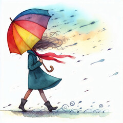 Poster - Cute cartoon person with umbrella on white background. AI 