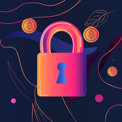 Poster - Colorful padlock with keyhole surrounded by floating coins abstract leaves and wavy lines on dark background security finance concept