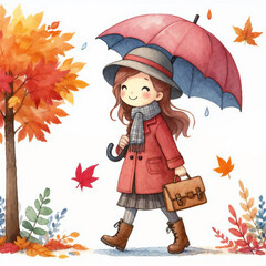 Canvas Print - Cute cartoon person with umbrella on white background. AI 