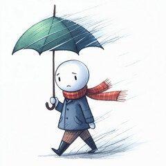 Sticker - Cute cartoon person with umbrella on white background. AI 