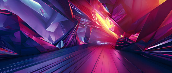 Aufkleber - A futuristic abstract scene featuring a crystal-like pathway with vibrant colors and sharp, angular shapes illuminated by dynamic lighting.