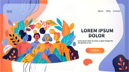 Poster - colorful team collaboration with people exchanging coins surrounded by abstract leaves and shapes bu