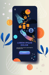 Poster - Mobile app interface with handshake coins and financial icons on dark background surrounded by abstract shapes and leaves