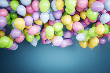 Poster - Colorful balloons floating against a blue wall backdrop. 3D Rendering