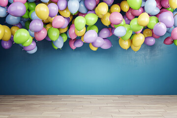 Poster - Colorful balloons floating in a room with blue wall and wooden floor. 3D Rendering
