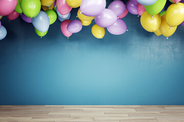 Poster - Colorful balloons in a room with a blue wall and wooden floor. 3D Rendering