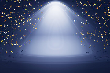 Poster - Illuminated stage with golden confetti on a dark blue background. 3D Rendering