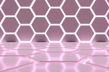 Canvas Print - Hexagonal pattern with glowing outlines on wall and floor background. 3D Rendering