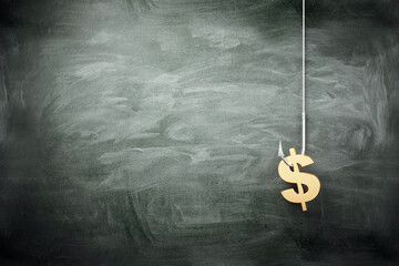 Poster - Dollar sign hooked on a fishing line on dark background, concept of financial fraud and phishing. 3D Rendering