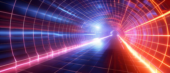 Poster - A dynamic neon grid tunnel illuminated by vibrant lights, creating a futuristic and immersive visual experience.