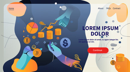 Poster - Financial technology concept with hands handling cryptocurrency and coins charts and graphs on abstract background