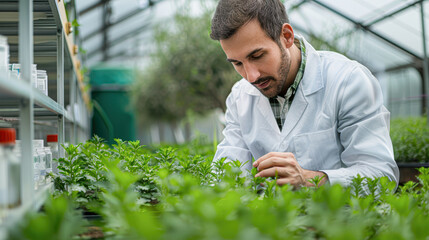 Poster - Curious Scientist Examining Plant Samples in Greenhouse