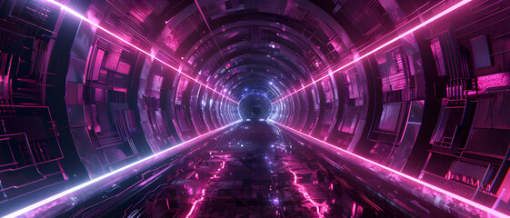 Aufkleber - A futuristic tunnel illuminated with vibrant pink neon lights, showcasing a high-tech and sci-fi inspired architectural design.