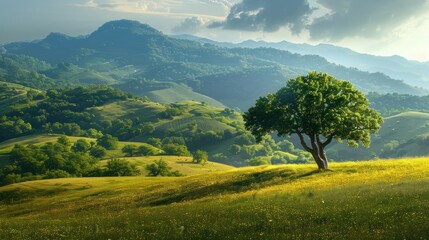 Sticker - A large tree stands in a lush green field with mountains in the background