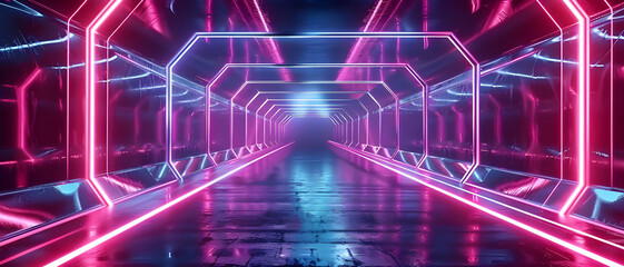 Poster - A sleek, futuristic tunnel illuminated with vibrant neon lights and geometric patterns, creating a visually captivating and modern atmosphere.