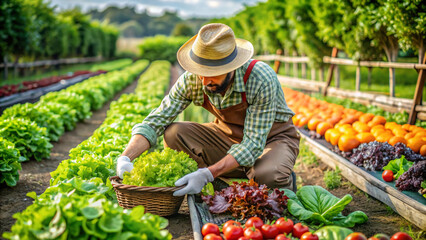 Active senior man gardener tending organic vegetables in summer farm