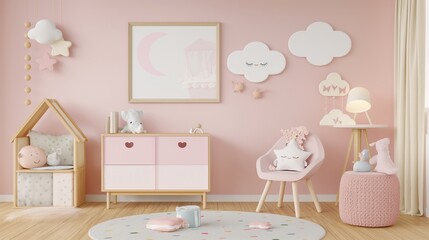 Wall Mural - Mock up frame in children room with natural wooden furniture, 3D render