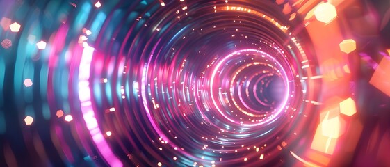 Poster - A vibrant neon tunnel illuminated by colorful lights and glowing particles, creating a dynamic and futuristic visual experience.