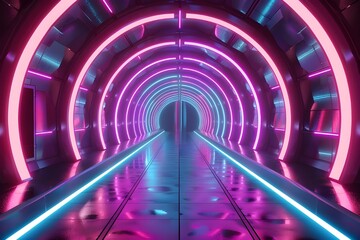 Poster - A futuristic tunnel illuminated with vibrant pink and blue neon lights, creating a mesmerizing and modern sci-fi atmosphere.